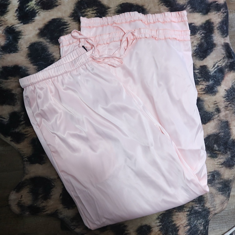 baby pink silky pants with ruffle bottom